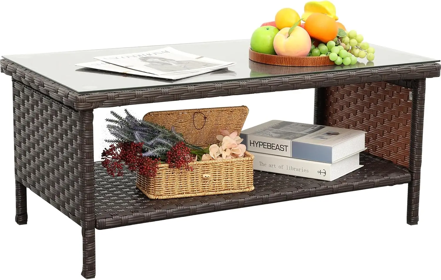 

Outdoor Wicker Coffee Table Patio Furniture Garden Rattan 2-Layer Glass Table with Storage and Furniture Cover, Brown