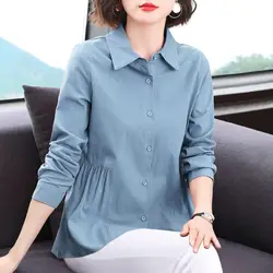 Women Clothing Stylish Ruffled Simple Chic Button Up Shirt Office Lady Elegant Commute Solid Lapel Blouse Long Sleeve Loose Tops