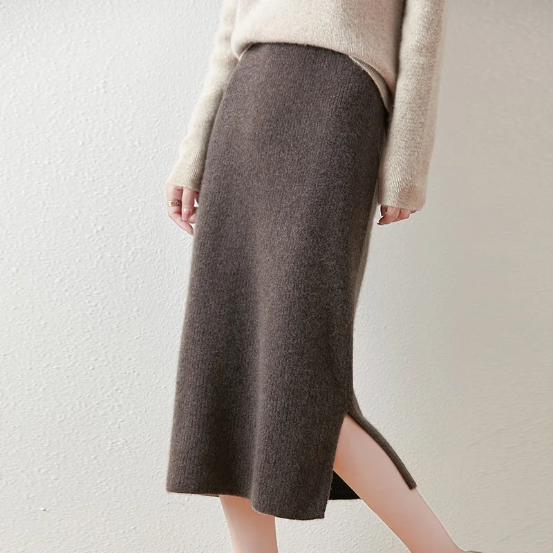 

Hot Sale Women Skirts Mid-Calf 100% Pure Australian Wool Knitting Formal Dress Ladies Skirt 3Colors Mocha-Color Free Ship