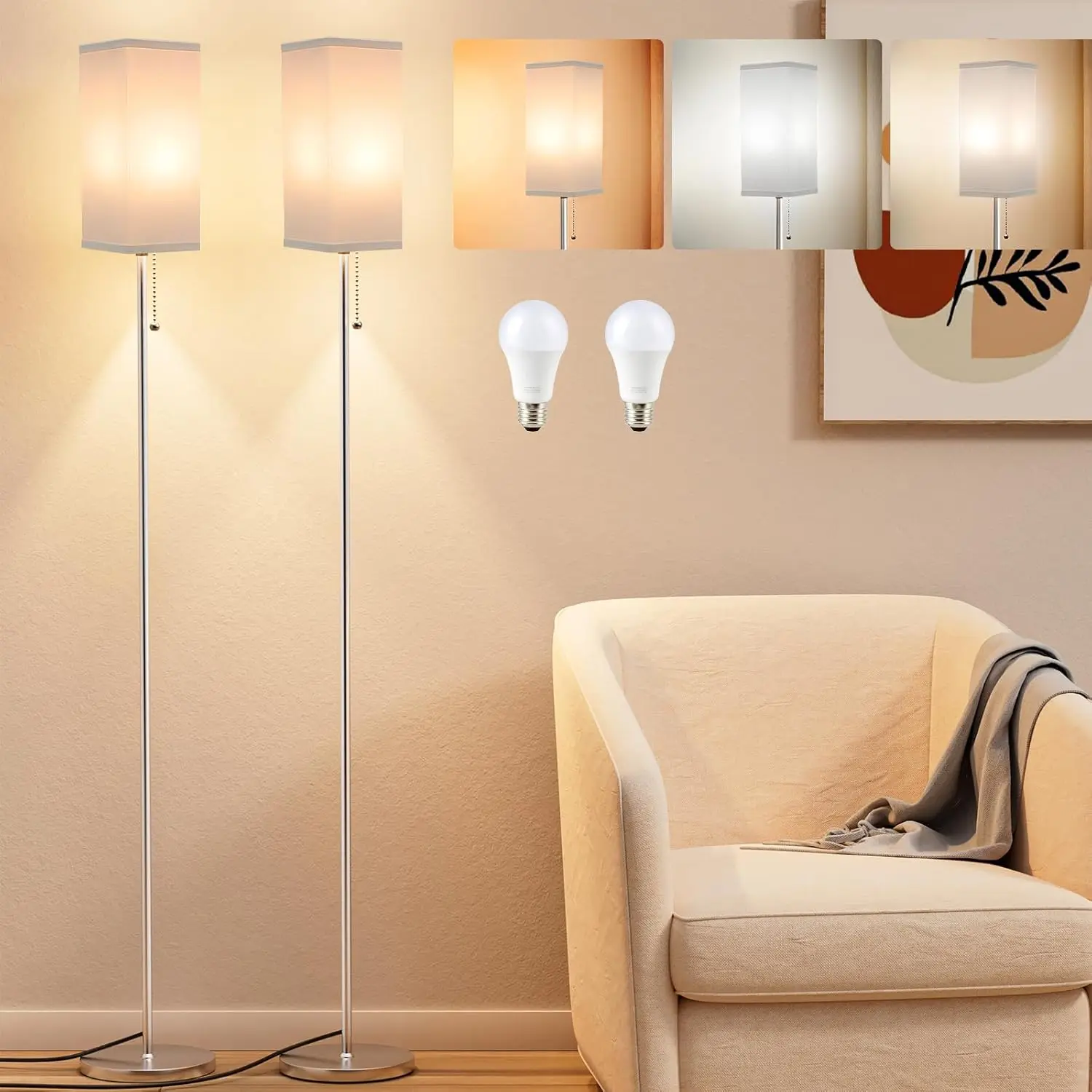 

Floor Lamps For Living Room Bedroom - 3 Color Temperature Silver Floor Lamp Set Of 2, Modern Standing Lamps With Pull Chain