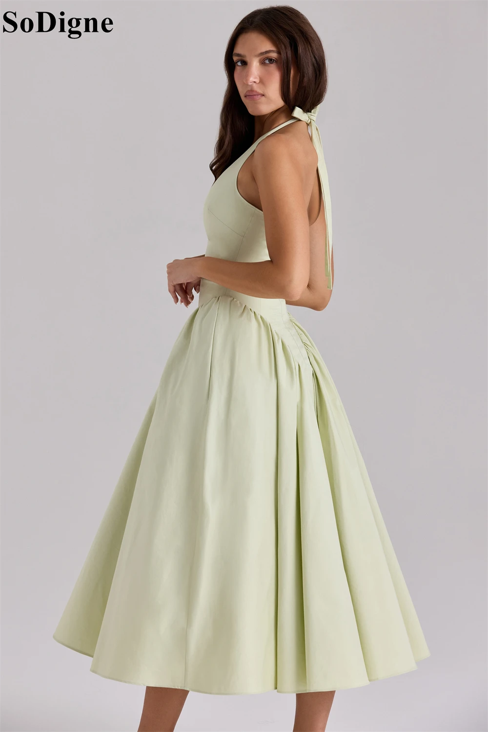 SoDigne Old School Green Evening Dresses A-Line Halter Pleated Simple Spring Sundress Marilyn Style Midi Prom Gowns Customized image 4