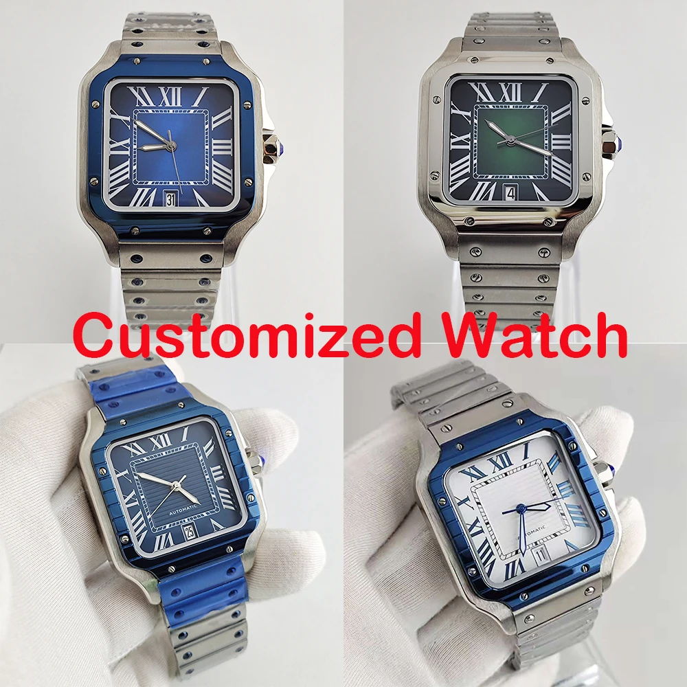 Reloj personalizado, reloj cuadrado, mecánico automático, números romanos, abertura para fecha, reloj de moda para hombre, reloj de acero inoxidable