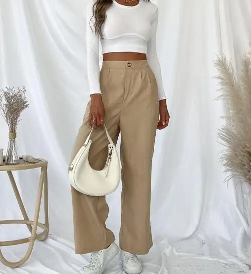 

Women's Long Pants Spring Classic Styles Daily Casual Commuting Solid Color Corduroy Simple High Waisted Straight Leg Pants