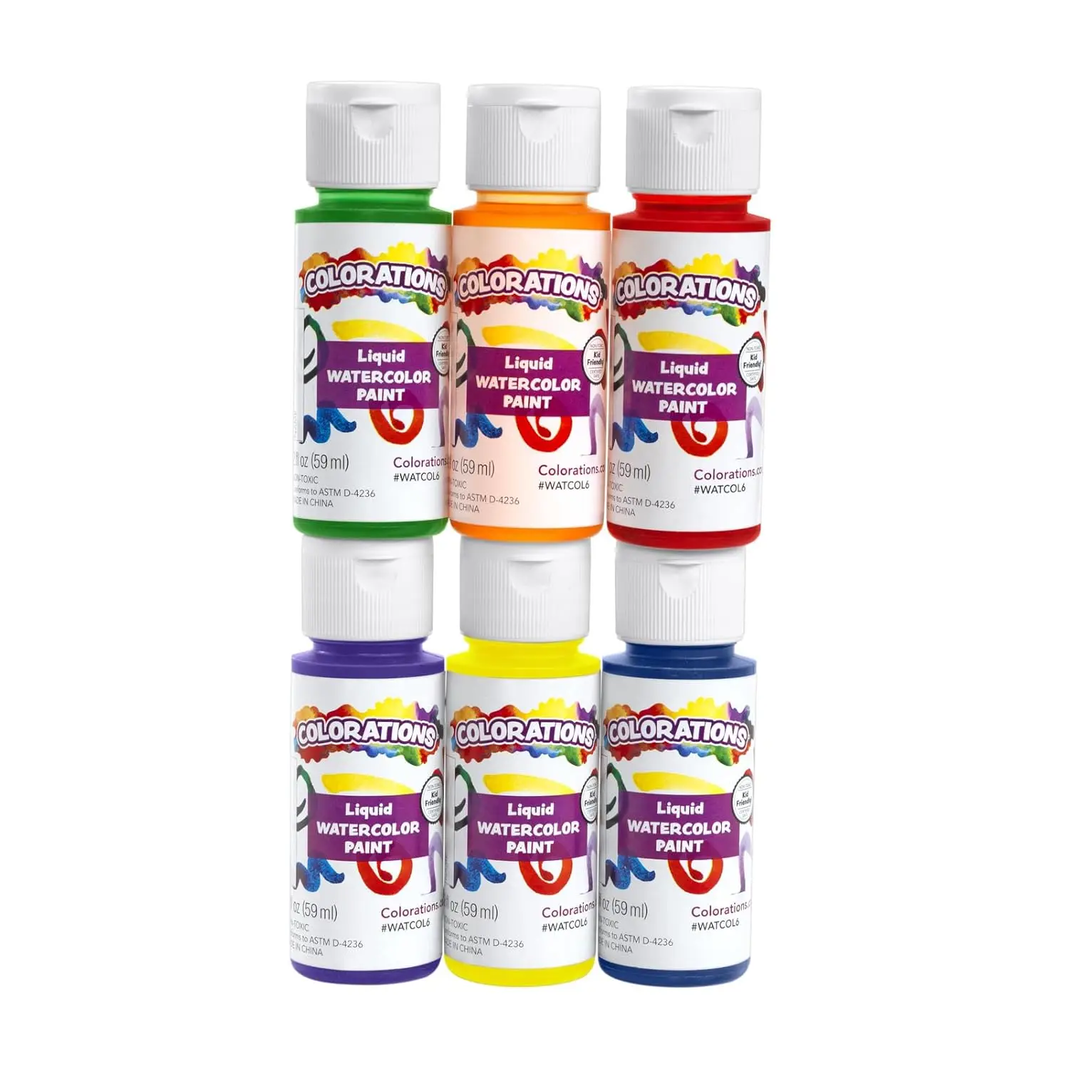 

6 Vibrant Liquid Watercolor Paints Set, 2oz Each, Blue Green Red Purple Yellow Orange for Crafts & Art
