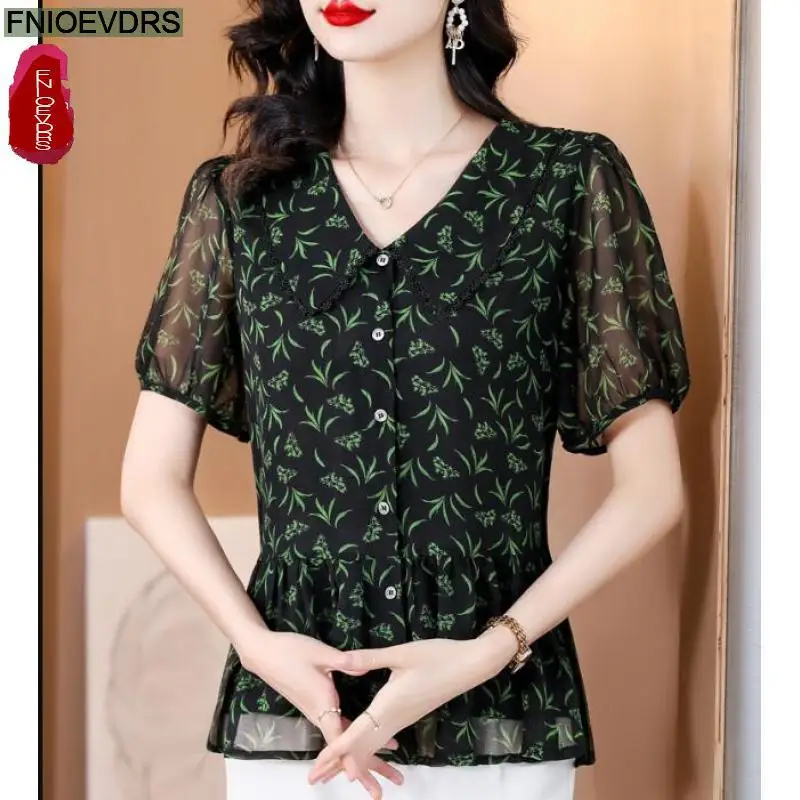 Loose Clothes 2024 Women European Fashion Elegant Button Shirt Ruffles Casual Tunic Belly Peplum Peter Pan Collar Tops Blouses