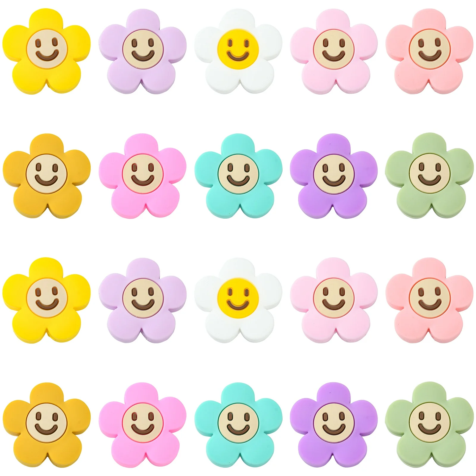 Pandahall 20Pcs Colorful Flower Silicone Focal Beads 30mm Flower Happy Face Loose Beads for Bracelet Necklace Making