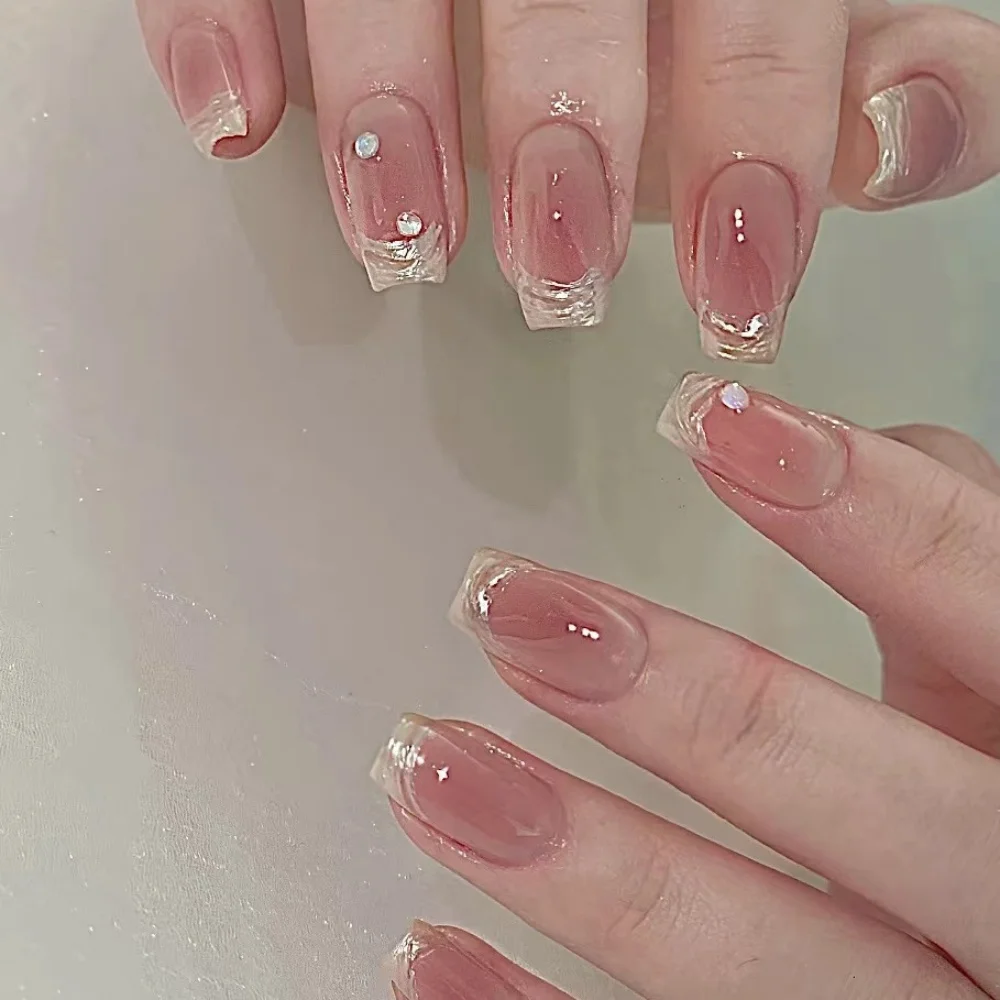 10pcs Short Ballet Handmade Fake Nails Art Aurora Design French Nails Sets Press on Reusable Rhinestones Blush False Nail Tips