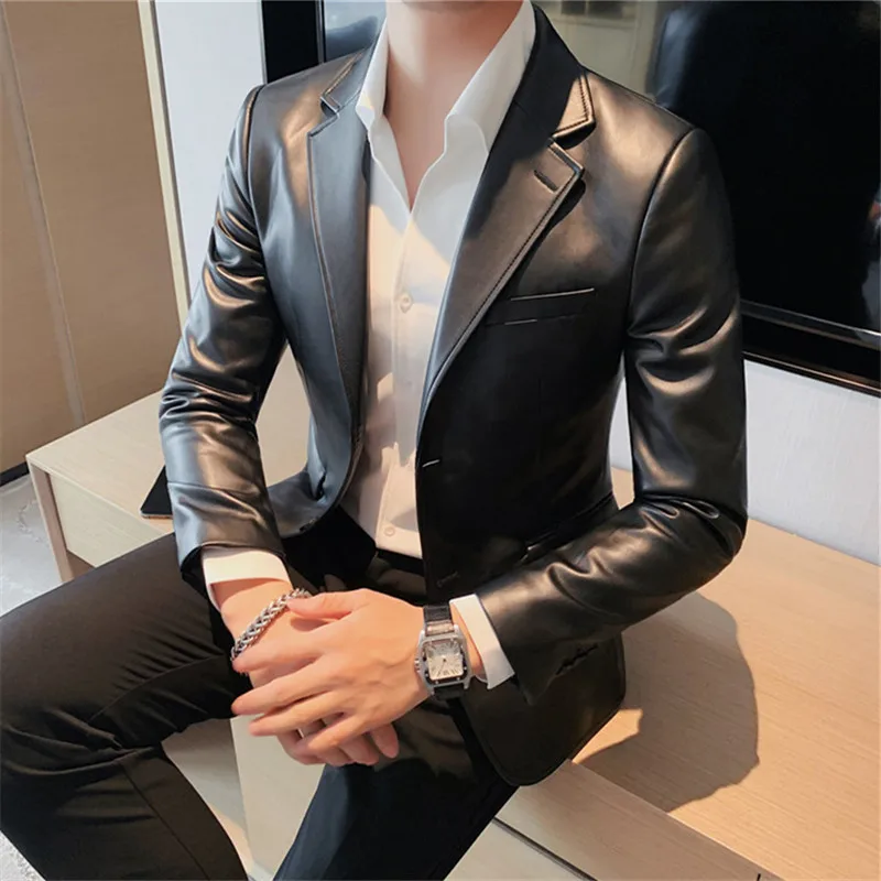 Autumn Winter Men\'s Leather Jackets Fashion Slim Solid Color Turn Down Collar Leather Blazer Coats Men Business Casual PU Jacket