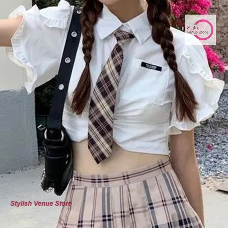 

Summer design sense niche spice girl short tie white jk shirt female French fashion striped tie temperament casual bubble top