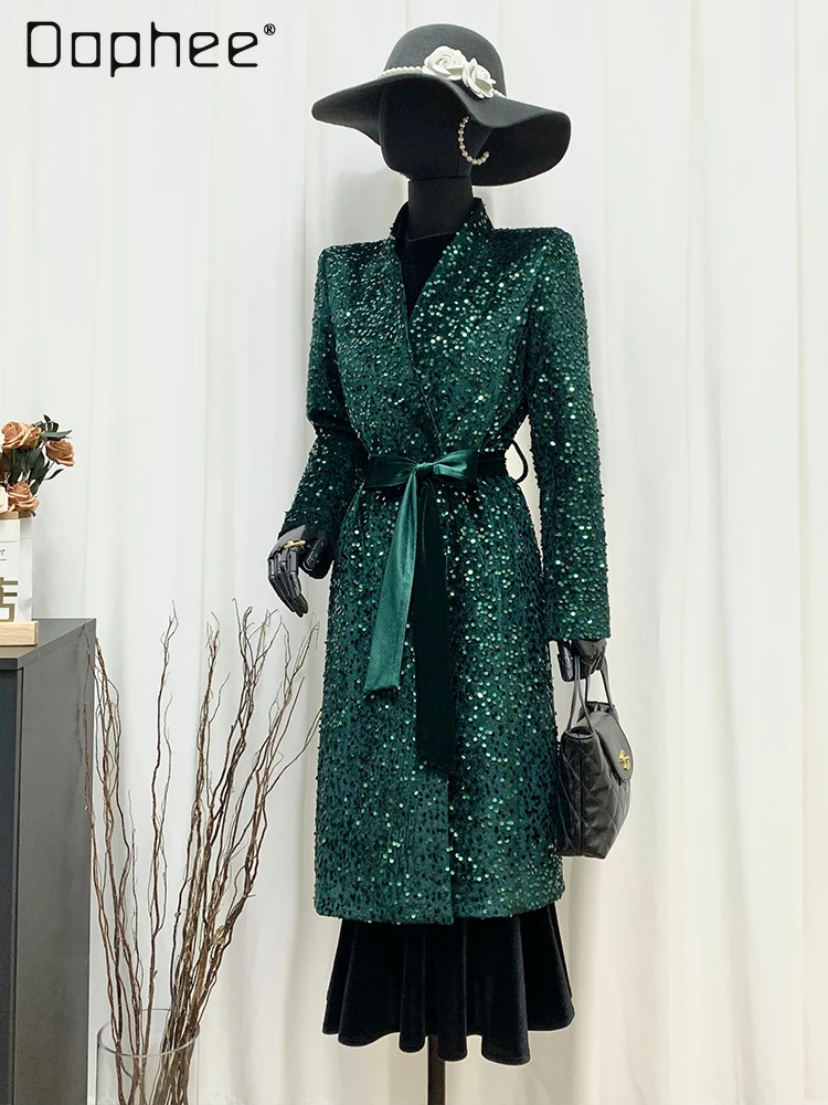 

High-end Velvet Heavy Sequin Embroidery Trench Coat Winter New Lace-up Slim Stand Collar Long Sleeve Mid-length Coat for Women