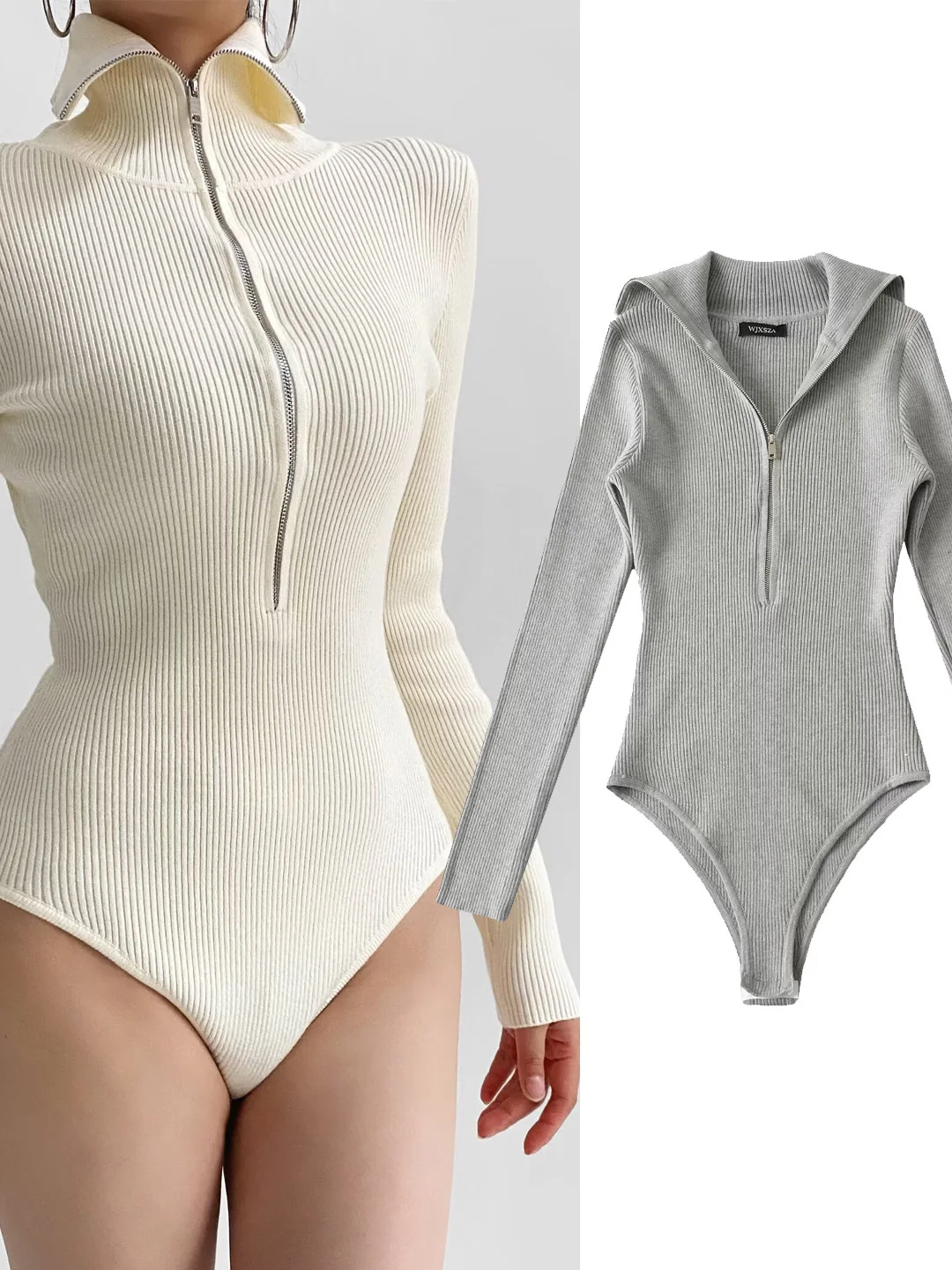 

Сексуальный вязаный комбинезон с высоким воротником на молнии для женщин, весна-осень, эластичный, облегающий, базовый топ, уличный стиль