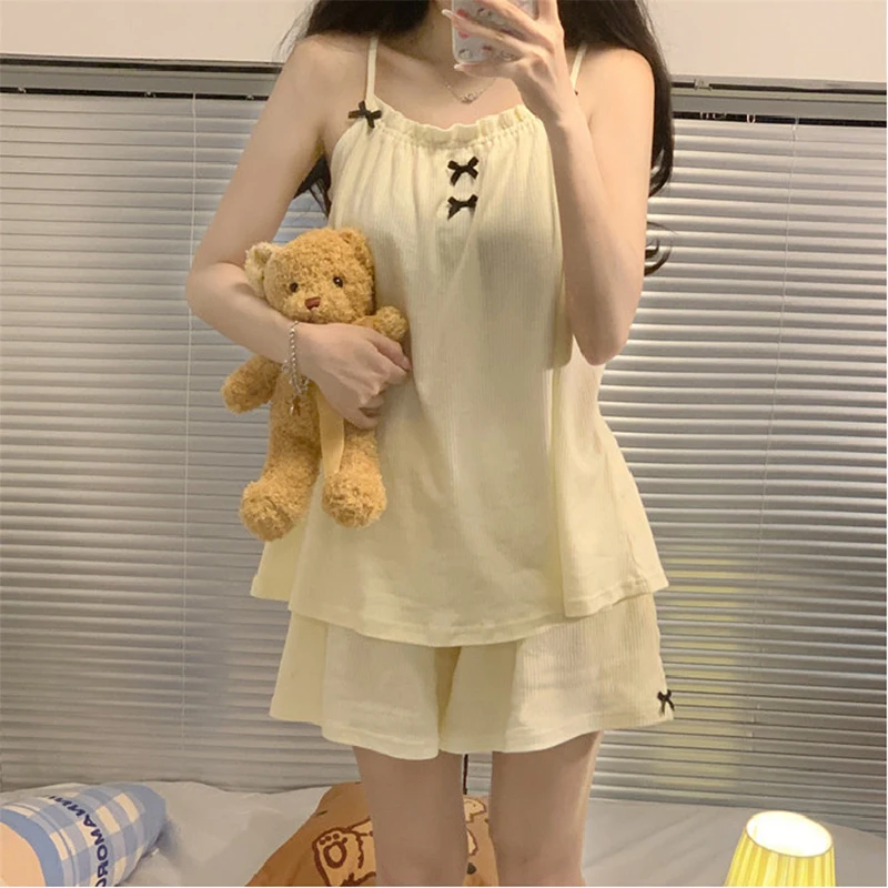 Fashion Casual Loose Bow Cute Vest Shorts Home Wear Two-Piece Set For Girls