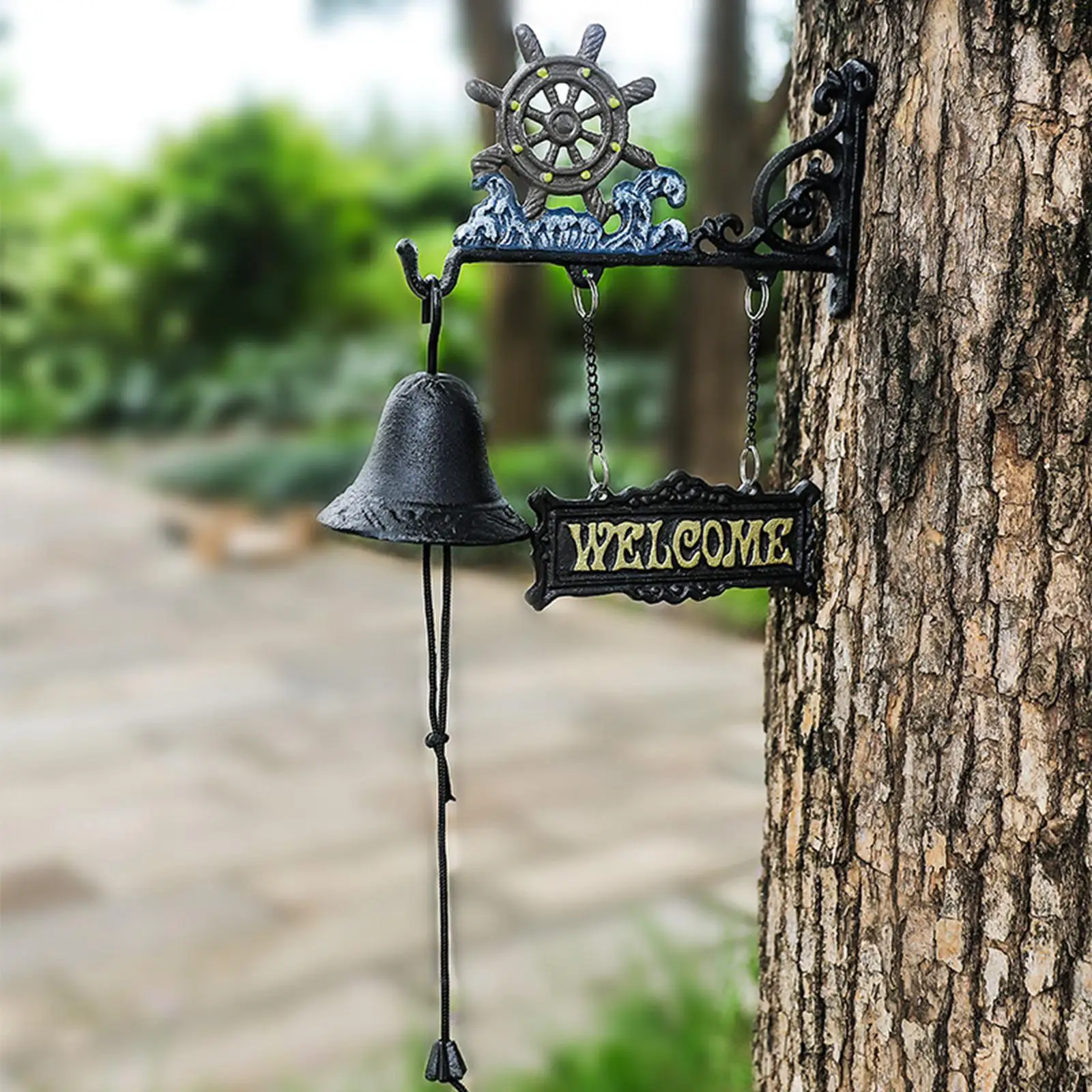 

Cast Iron Door Bell Outdoor Dinner Bell Welcome Sign Wall Mounted Rudder and Waves Metal Rustic Doorbell for Farmhouse Garden