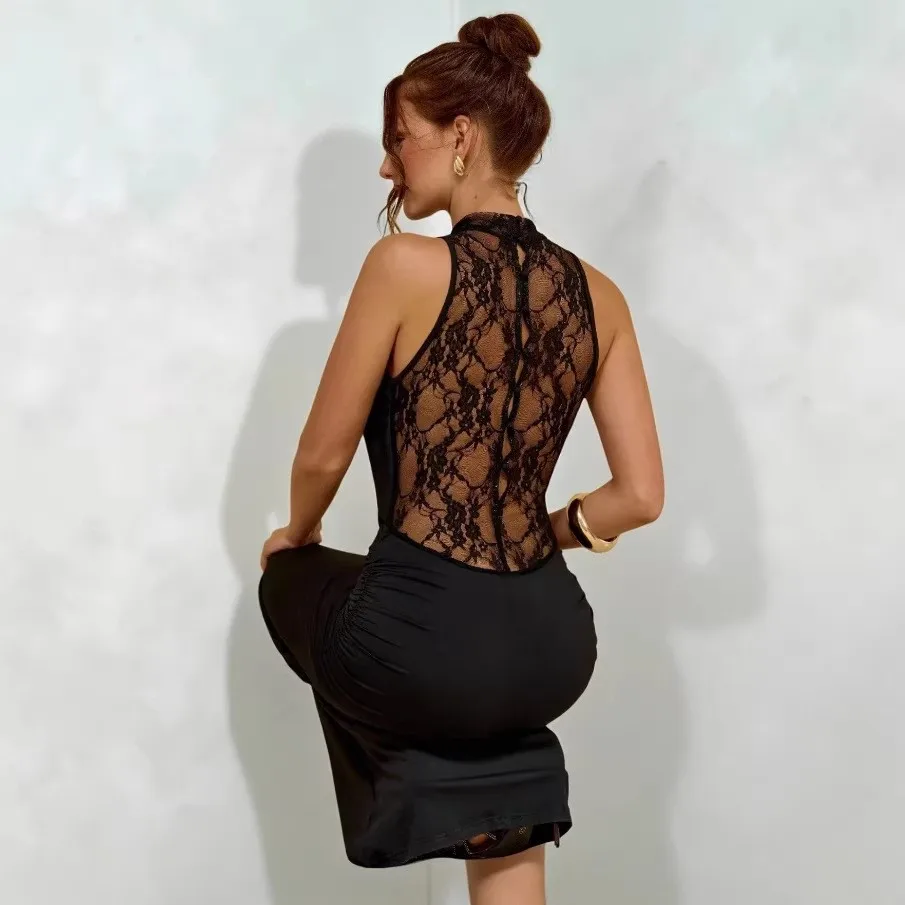 Seam Halter Neck Patchwork Dress Bodycon Silhouette Midi Length Sexy Party Dress for Women with Asymmetric Seam Slim Fit Daily