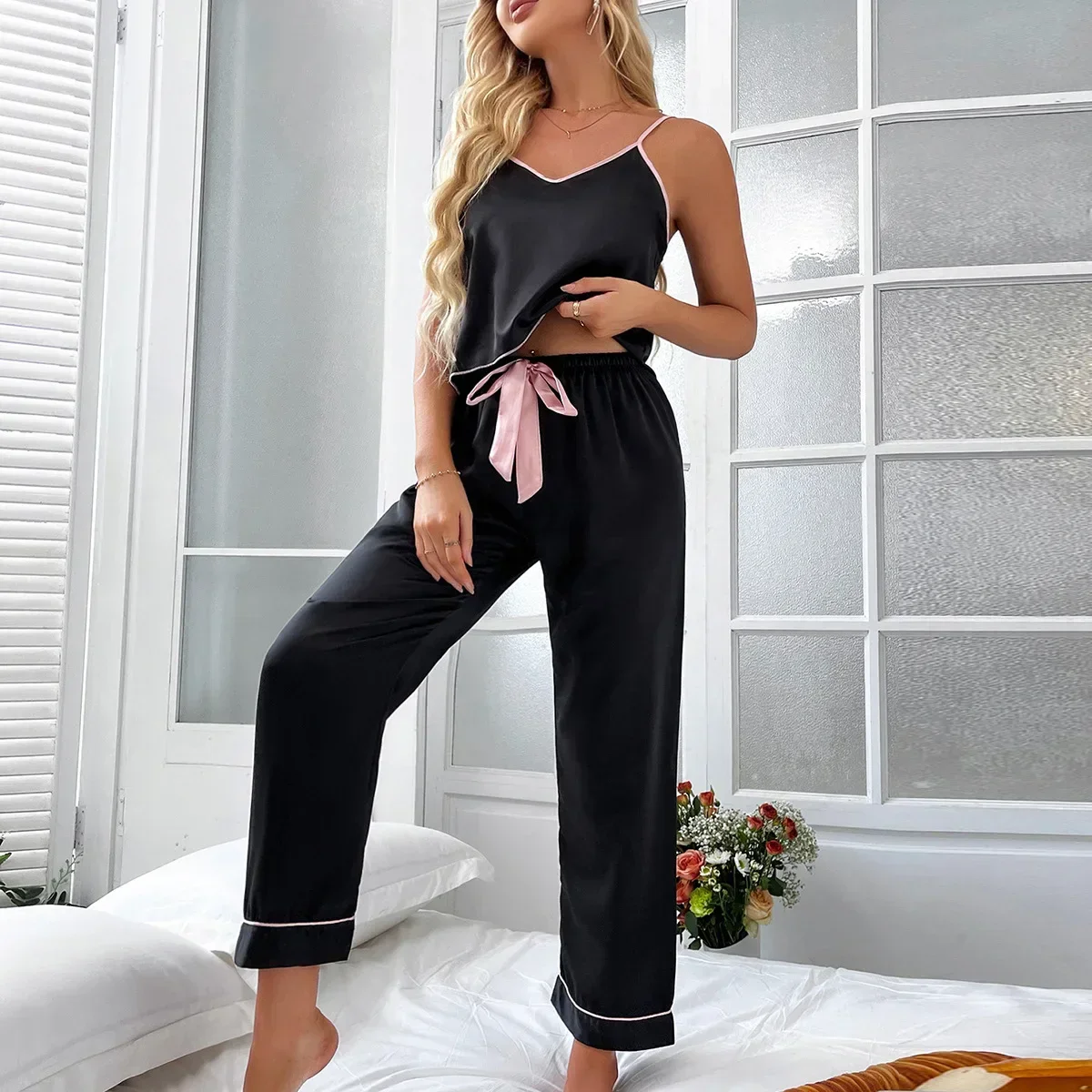 

Black Strap Top&Pants Sleep Set WOMEN 2PCS Pajamas Suit Home Clothes V-Neck Sleepwear Intimate Lingerie Summer Satin Pyjamas