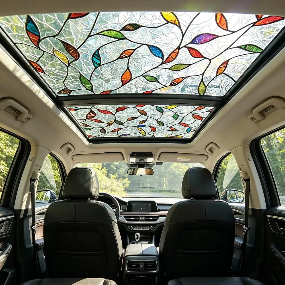 

Floral Stained Glass Car Sunroof Static Cling Film Privacy Sun Protection Decal Rainbow Effect Window Sticker Sunroof Tinting