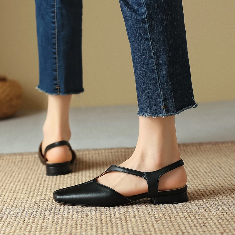 2023 New Basic Low Heels Women Sandals Square Toe Buckle Strap Slingback Pumps Mature Genuine Leather Office Working Shoes Woman