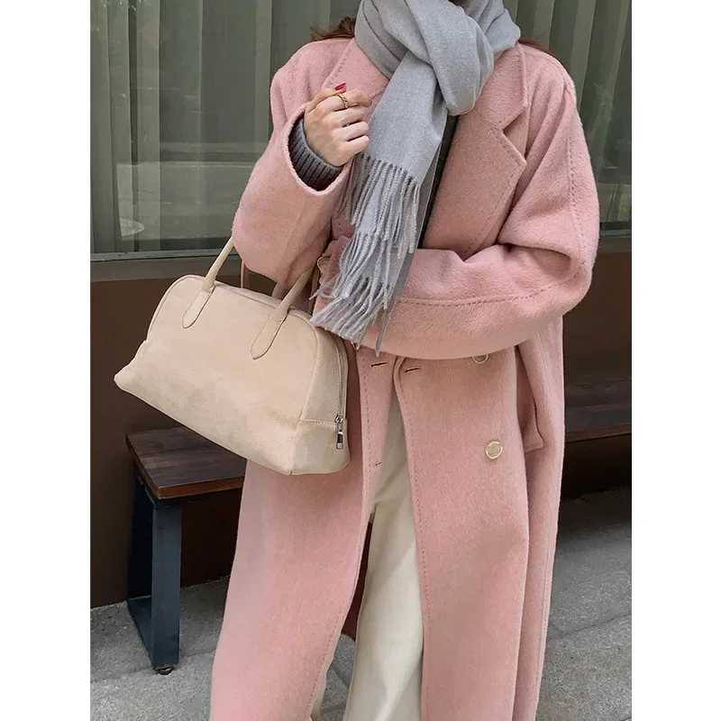 High-end camel wool double-sided hand-sewn coat for women, loose and thin quality woolen coat