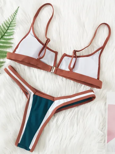 Imagen 2 del producto S - XL, Bikini con Tanga en forma de V empalmado, traje de baño para mujer, traje de baño femenino, conjunto de Bikini de dos piezas, bañador Push Up, traje de baño para nadar para mujer