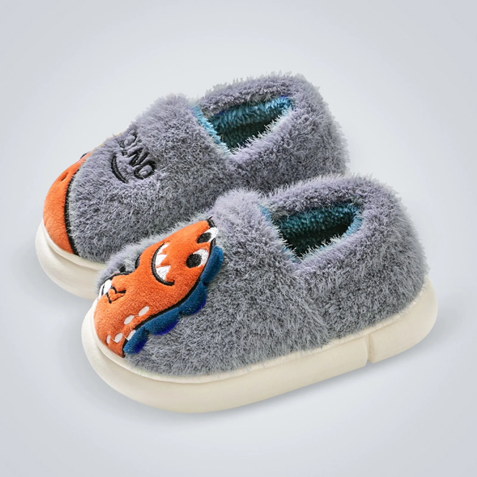 Children Classic Cartoon Dinosaur Embroidered Plush Slippers Boys Girls Soft Soled Non-slip Winter Warm Indoor Kids Cotton Shoes