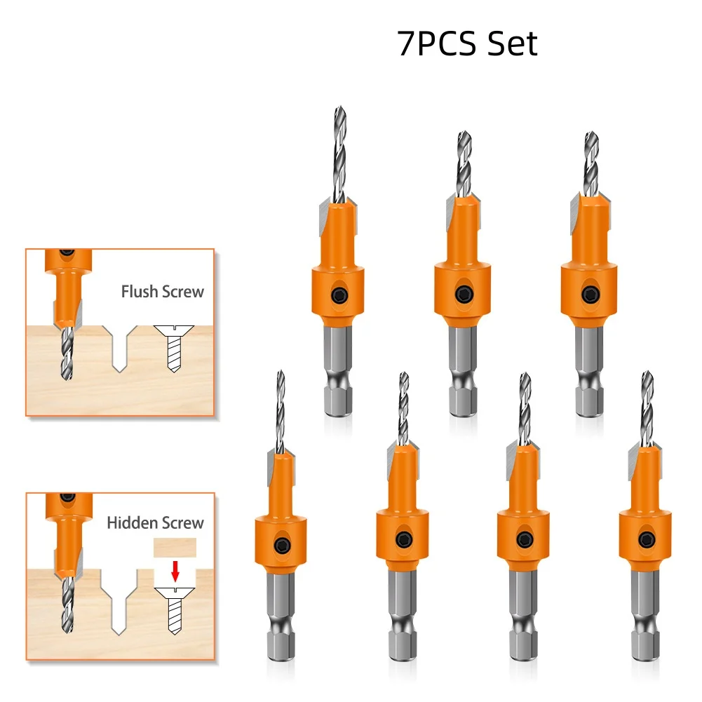 7Pcs Hex Shank Wood Countersink Drill Bit Set, Adjustable Tungsten Carbide Counter Sink Bits for Wood MDF Plywood Drilling