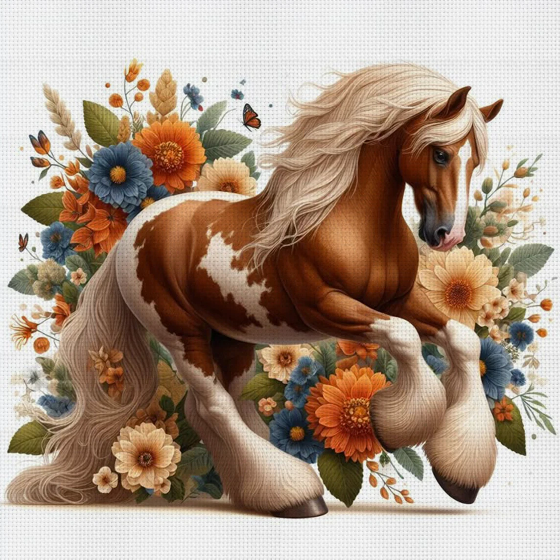 Pferd unter Blumen Kreuzstich-Set zum Selbermachen, 11CT-Stickerei, Heimwanddekoration, Geschenk, handgefertigtes Material, rahmenlos, halbfertig, 36 x 36 cm