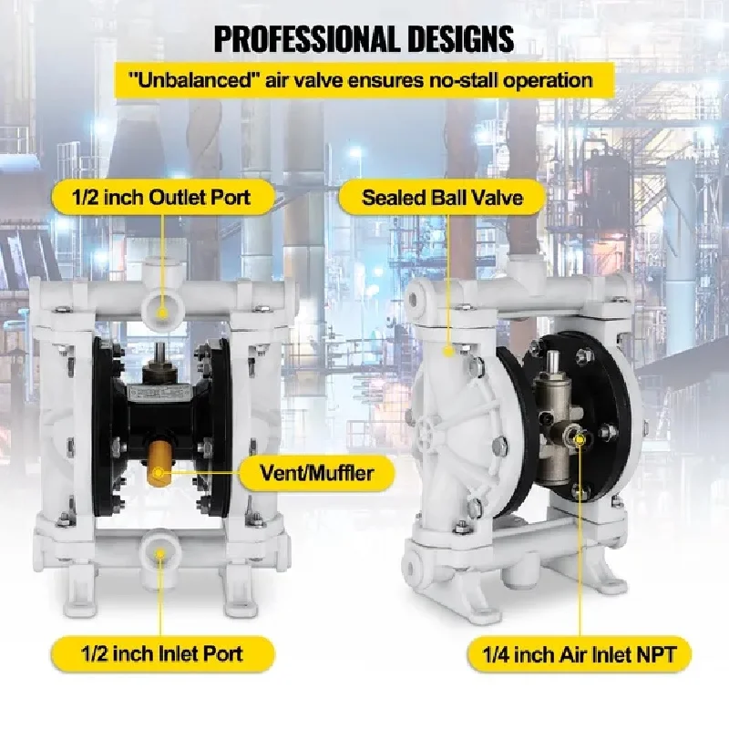 Air-Operated Double Diaphragm Pump, 1/2 in Inlet & Outlet, Polypropylene Body, 13.2 GPM & Max 120PSI