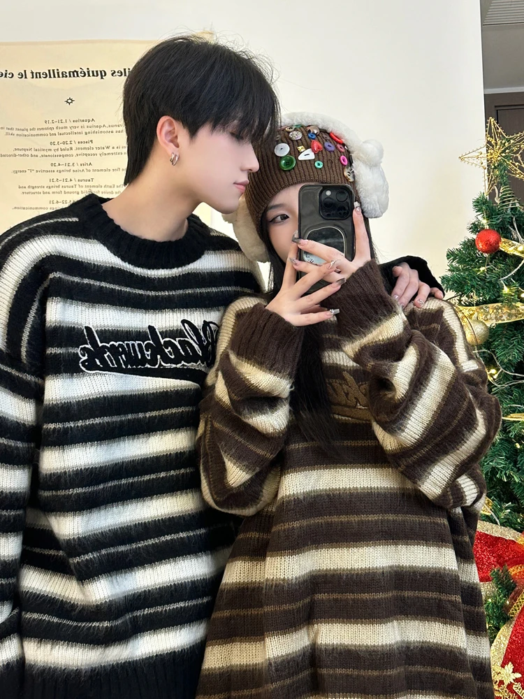 Loose Oversize Striped Knitwear Unisex Autumn Winter Fashion Streetwear Vintage American Style Couple Sweaters Youth Winter L...