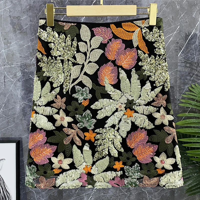 

Юбка-трапеция с высокой талией, вышивкой и пайетками для танцев, летняя коллекция, женская мода