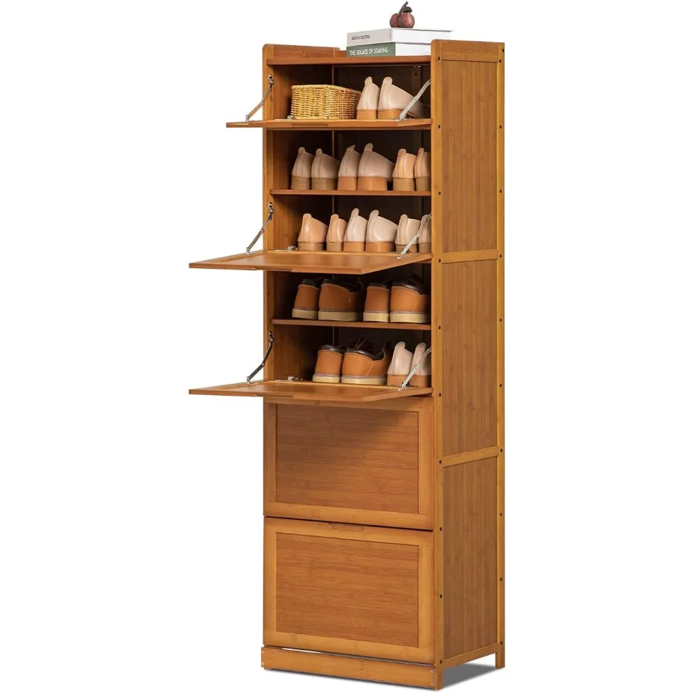 Imagem -03 - Bamboo 9-tier Shoe Organizer Armário de Armazenamento com Porta Pull-down 27 Saltos Botas Isolado Entrada Marrom