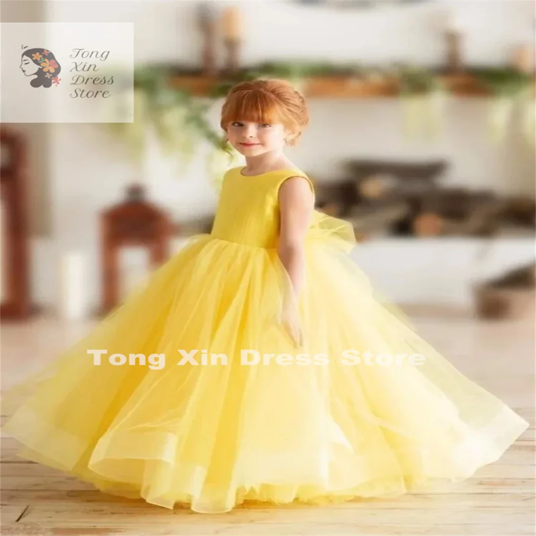 Wedding Birthday Party Flower Girl Dresses Yellow Tulle Puffy Solid With Tailing Sleeveless For Banquet Princess Gowns