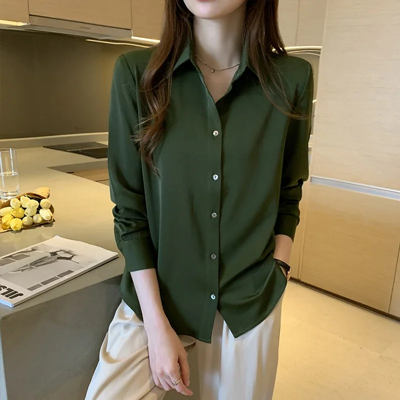 Satin Women Shirt 2024 OL Fashion Long Sleeve Blouse Woman Casual Shirts White Shirt Womens Tops Solid Basic Shirts and Blouses