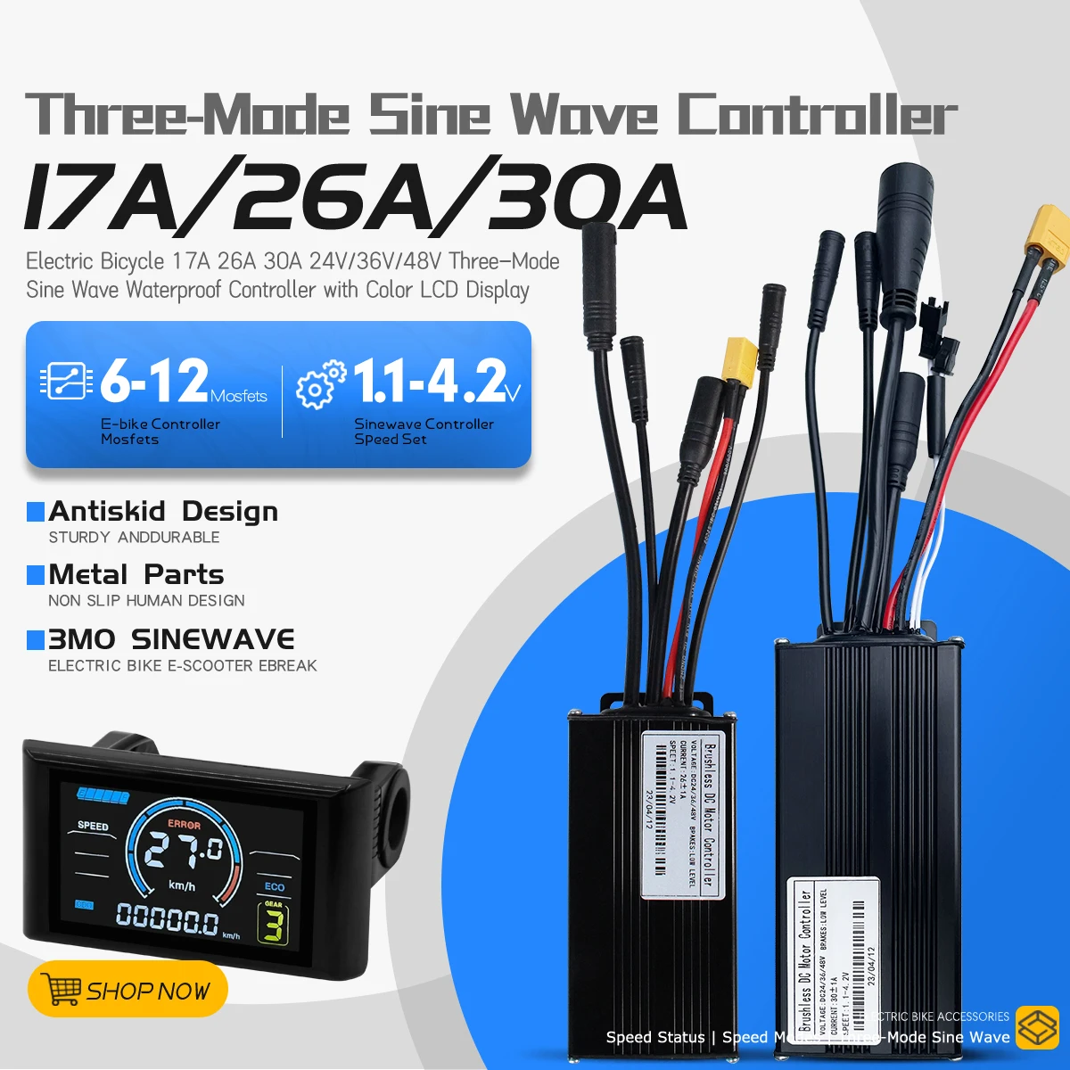 

Синусоидальный водонепроницаемый контроллер Ebike 24/36/48 В 17A 26A 30A Цвет S966 NFC-дисплей Совместимый контроллер двигателя Hall 1T5 3-контактный концентратор