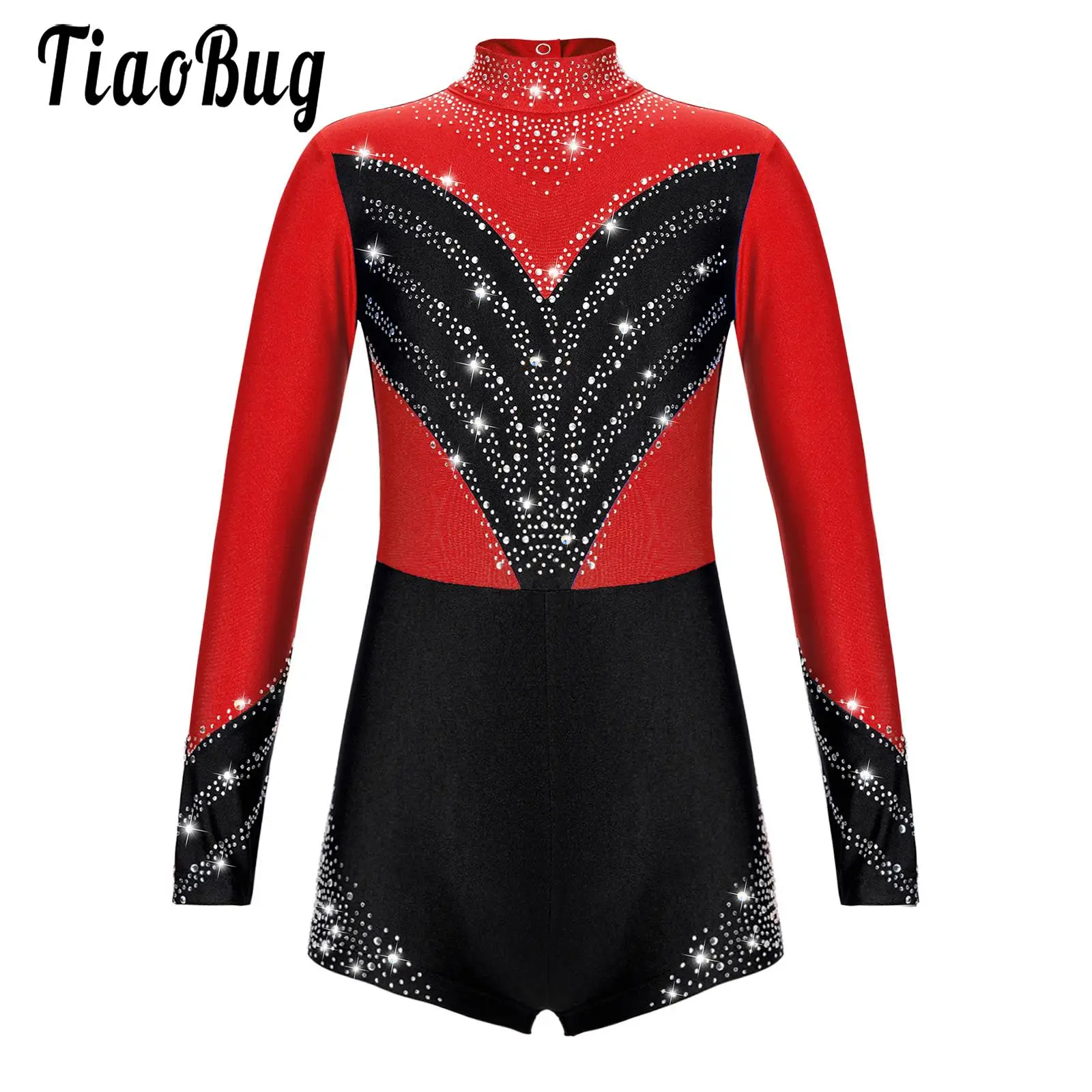 Kids Girls Leotard Athletic Bodysuit Dresses for Ballet Gymnastic Long Sleeve Performance Costume Rhinestones Jumpsuit Dancewear