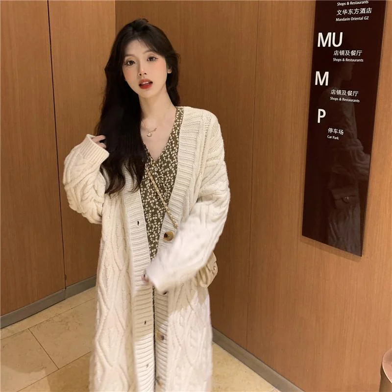 

Korean Medium Length Sweater Coat Women Spring Autumn New Versatile Loose Outwear Western style popular knitted cardigan