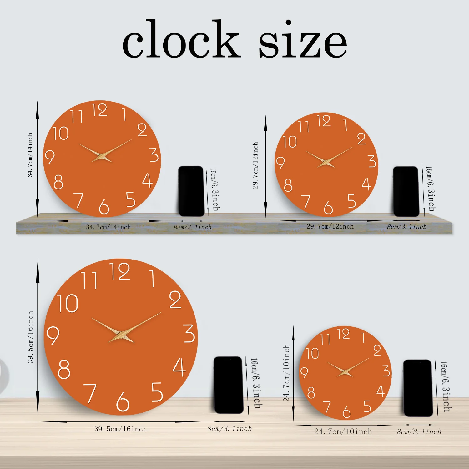 Modern Simple Orange Background Pattern Wooden Wall Clock Living Room Bedroom Kitchen Home Decoration Wall Clock Silent Quartz Clock Holiday Gift