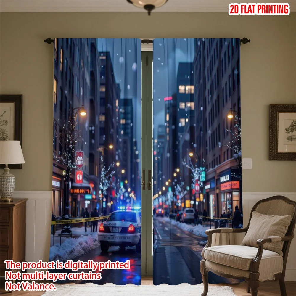 

2D flat printing 2pcs Party Window Curtains Snowy Night City Scene Digital Printed Polyester Drapes Family Party Decoration