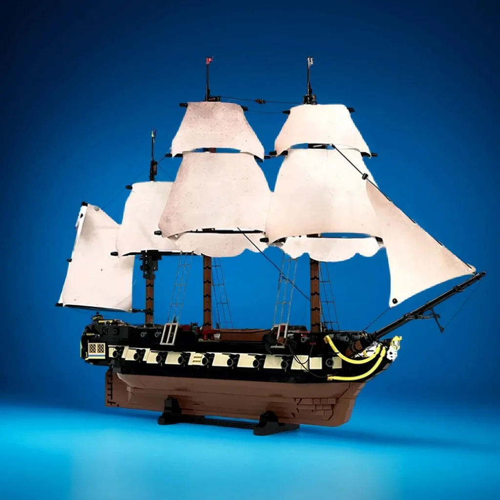 

1901 шт. 2Fer Maiden Privateer Frigate MOC с деревянным корпусом, многоразовыми парусами и широкими пушками, образовательные строительные блоки, подарок
