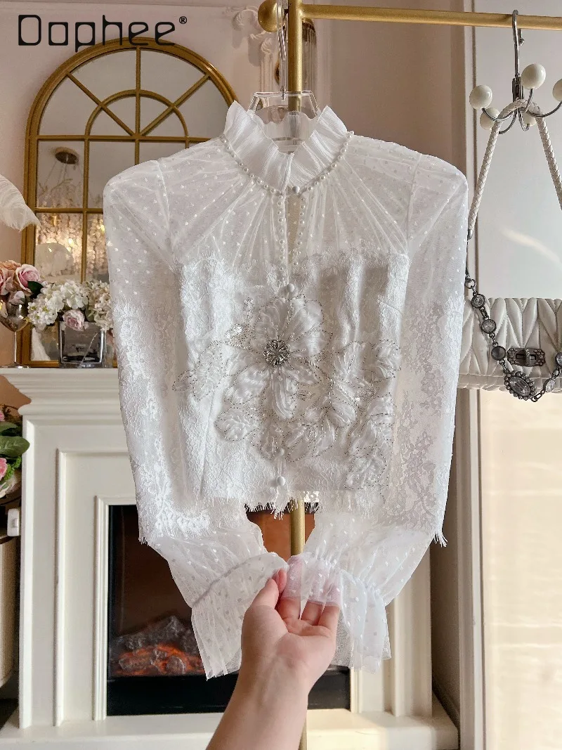 

French Elegant Lace Stand Collar Long Sleeve Shirt for Women 2026 Spring New Heavy Rhinestone Beaded Versatile Slimming Blouse