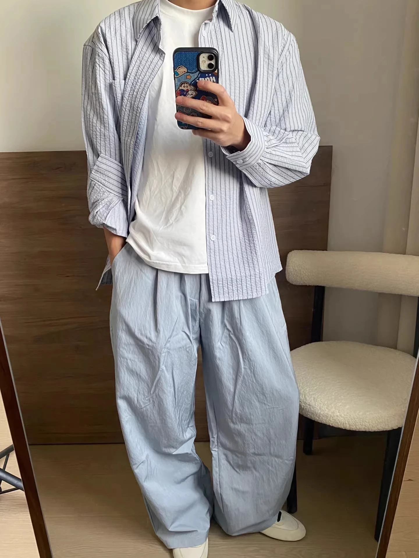 

Loose Men's Long Sve irt Spring Autumn Striped Casual Sle Korean Loose Fit Textured Feeling Polyester Fiber irt