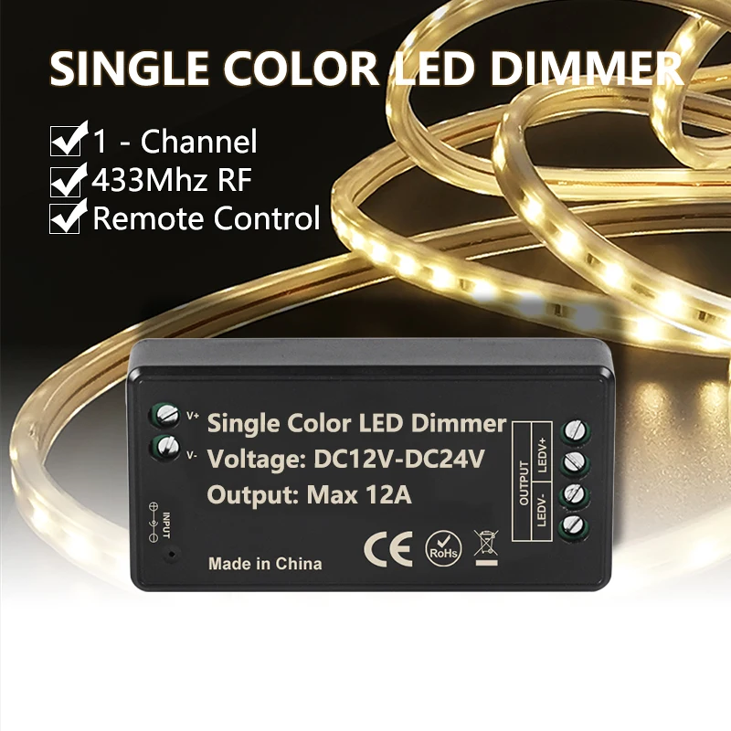 1CH LED Dimmer 12A DC12-24V Controller with 3-Key RF 433Mhz Wireless Remote Control for LED COB Single Color Light Strip Lamps