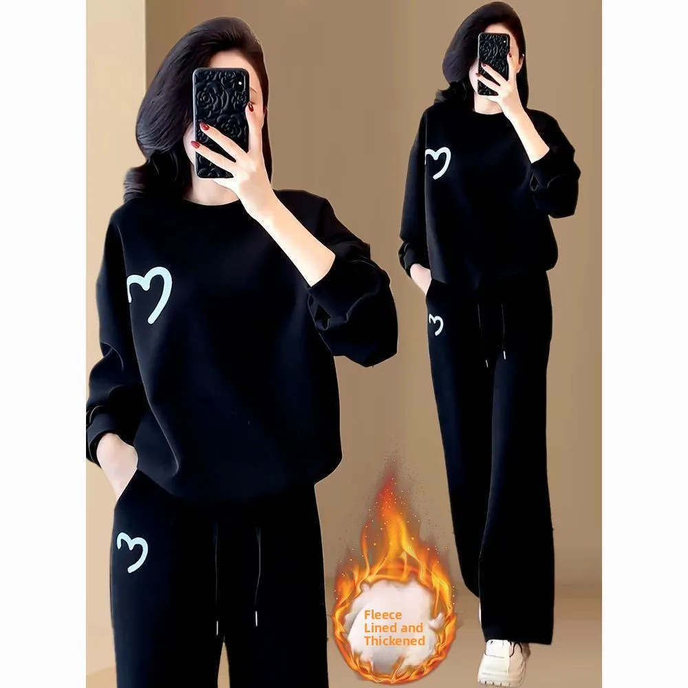 

Thickened Fleece Casual Set Women's 2026 Autumn Winter New Fashion Loose Slim Sweatshirt Wide Leg Pants Two Piece Set