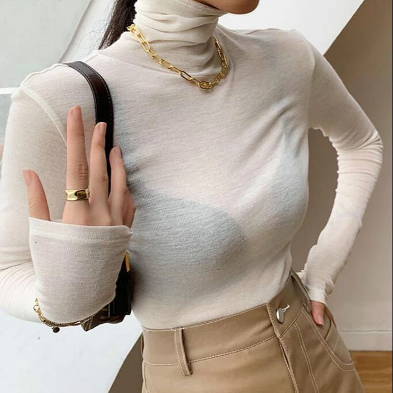 New Basic Turtleneck Long Sleeve Women T-shirt Autumn Winter Long Sleeve Slim Stretch Tops Ladies Sexy All-match Tees