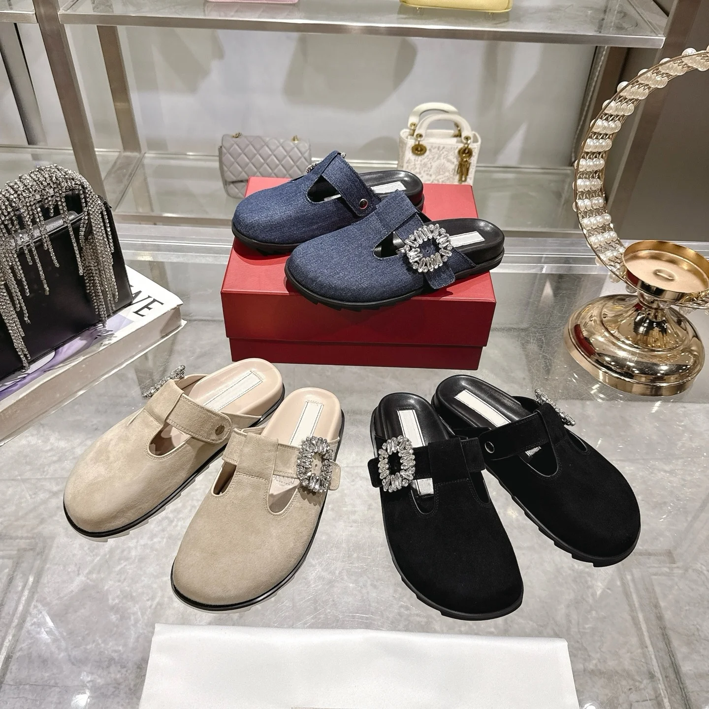 

2025 New Fashionable and Easiest for Match Rhinestone Square Buckle Mule Shoes Baotou Mops