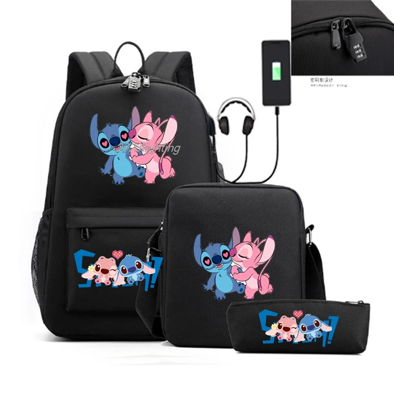 Lilo Stitch plecak 3 szt. An-ti Lock torby szkolne o pojemności USB dla chłopców dziewcząt Cartoon Travel Mochilas z torbami na ramię