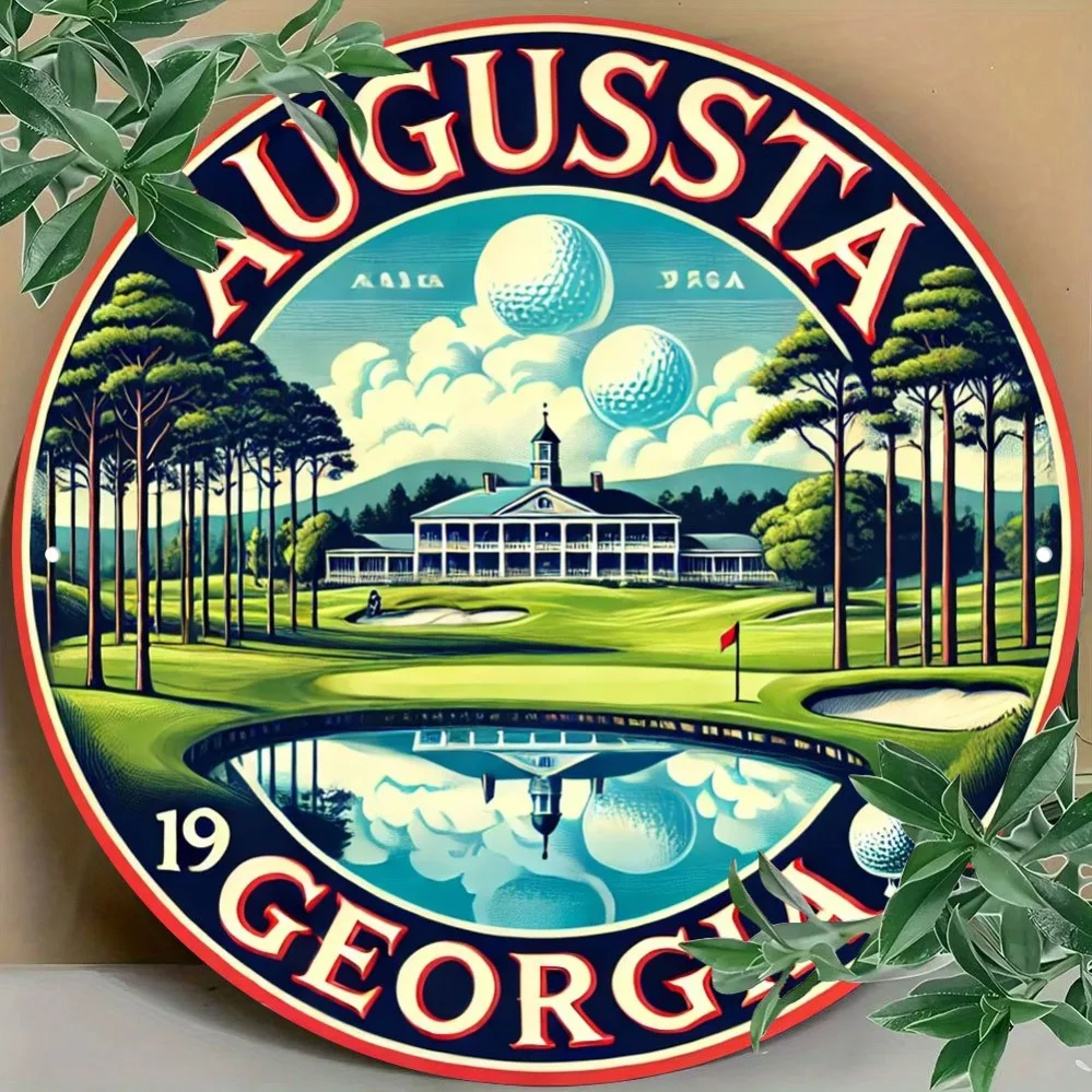 

Vintage Golf Decor with Augusta Georgia Design, Featuring A Floral Wreath & Iconic Golf Course Illustration for Home, Office,