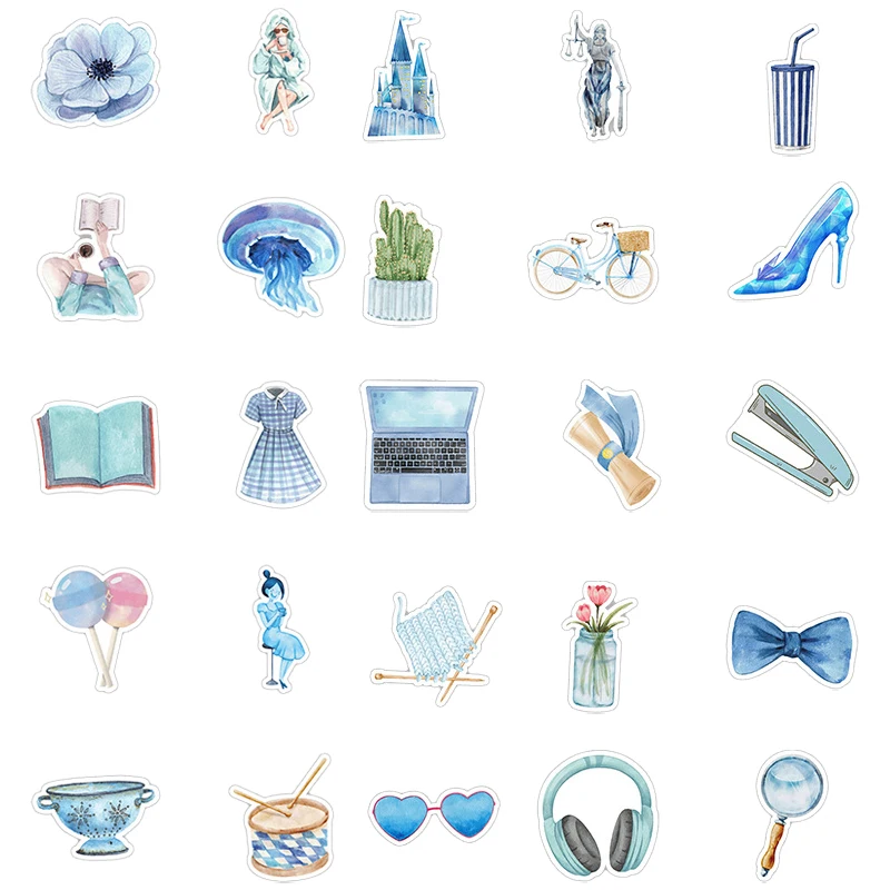 

50 шт. эстетичных синих граффити-наклеек для творчества: для ноутбуков, гитар, скейтбордов, канцелярии, декоративные стикеры, детские игрушки