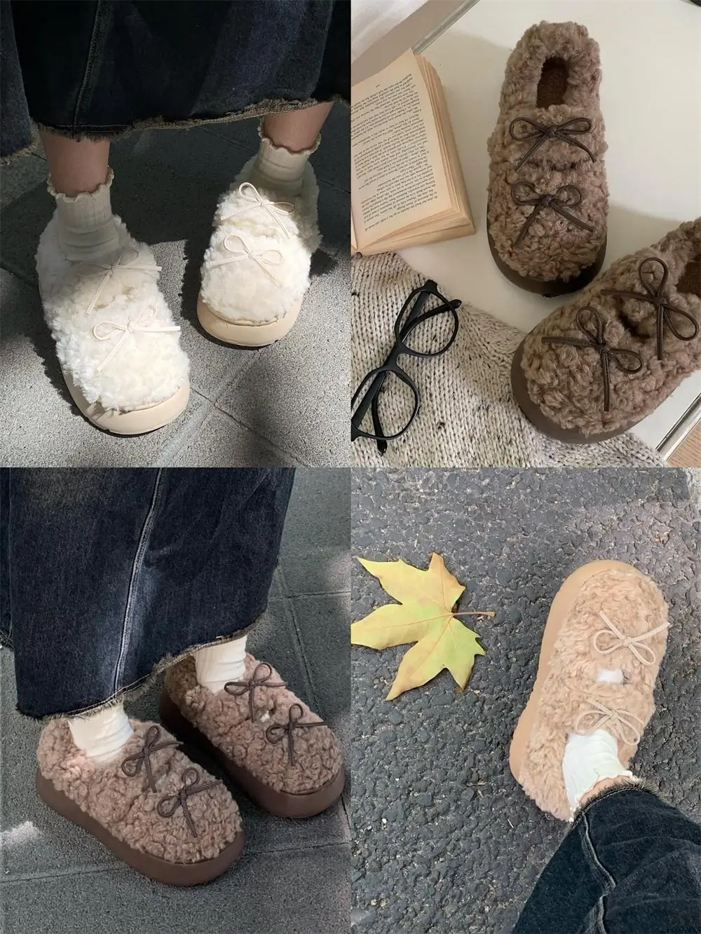 Pantuflas Suaves con Nudo, Tipo Bailarina, Forradas, Casuales de Invierno, Punta Redonda, Tacón Medio, Suela de EVA