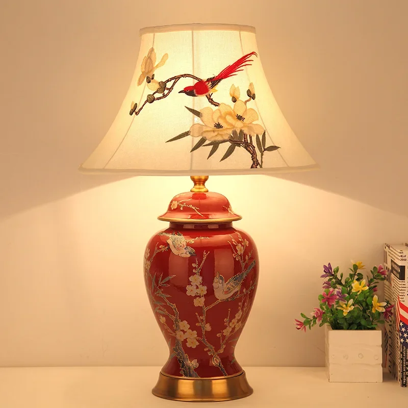 Festive Hand Embroidery Magpie Lampshade Magpie And Flower Ceramic Table Lamps For Living Room Bed Room For Marriage Home Decor