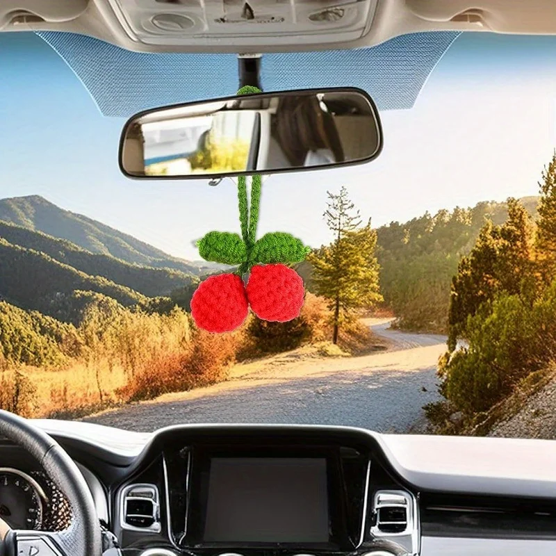 Cute Cherry Car Mirror Hanging Ornament Car Rear View Mirror Interior Pendant Accessories Hand Knitted Crochet Car Decor